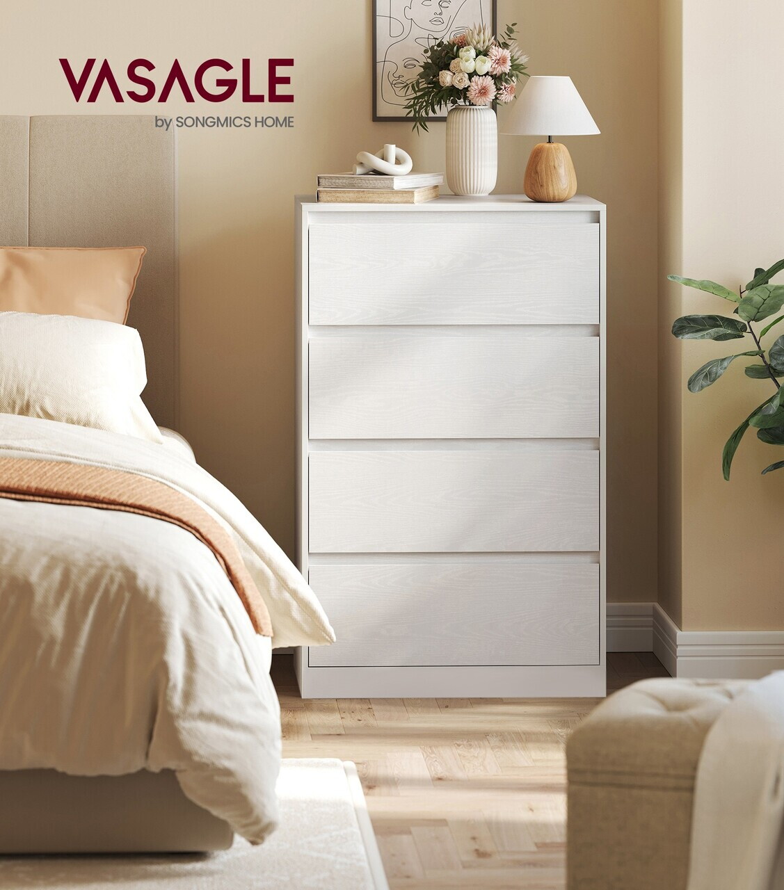 Comoda cu 4 sertare Kailyn, Songmics, 60x40x97.4 cm, PAL/MDF, alb - imagine 6